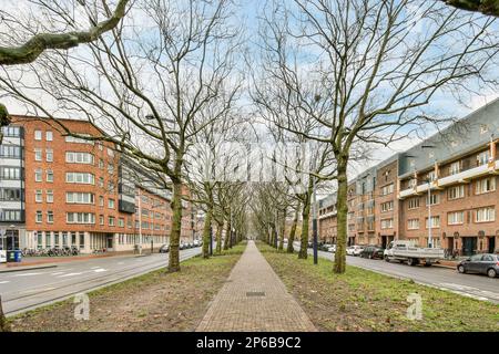 Amsterdam, Netherlands - 10 April, 2021: a tree lined street with cars parked on both sides and trees in the middle of the road to the right Stock Photo