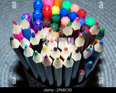 colored pencils and crayons close up Stock Photo