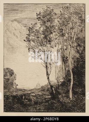 Jean-Baptiste-Camille Corot, Souvenir d'Italie, 1863, etching on paper. Stock Photo