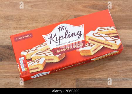 Mr Kipling packet of Bakewell Slices, UK. Concept: snacking, snack food, unhealthy eating, high sugar content Stock Photo