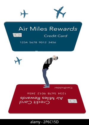 A man bends backwards and looks up at giant air miles rewards credit cards and airliner flying overhead in this 3-d illustration. Stock Photo