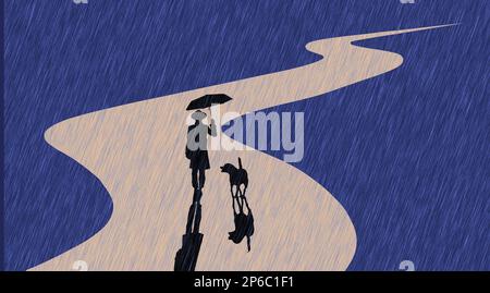 A man and his dog walk on a winding road in the rain in a 3-d illustration. Stock Photo
