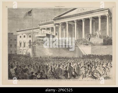 After Winslow Homer, The Inauguration of Abraham Lincoln as President of the United States, at the Capitol, Washington, March 4, 1861.—[From a Drawing made on the Spot.], 16 Mar. 1861, wood engraving on newsprint. Stock Photo