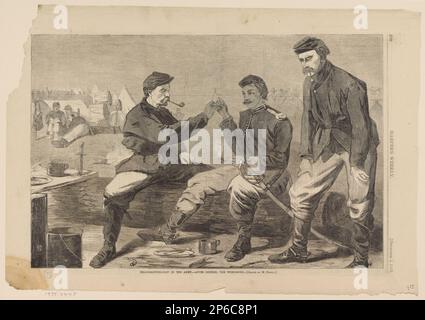 After Winslow Homer, Thanksgiving-Day in the Army—After Dinner: The Wish-Bone, 3 Dec. 1864, wood engraving on newsprint. Stock Photo