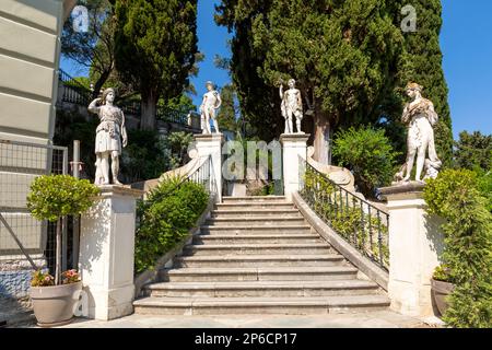 Outside staircase in the garden of the Achilleion on the island of Corfu Stock Photo