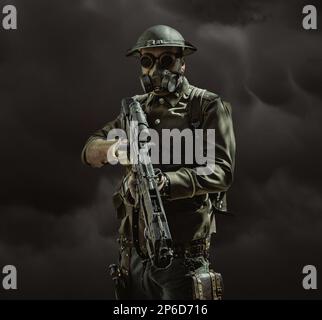 A retrofuturistic soldier on the battlefield holds his gun at the ready as smoke swirls behind him. Science fiction, futurism concept. Stock Photo