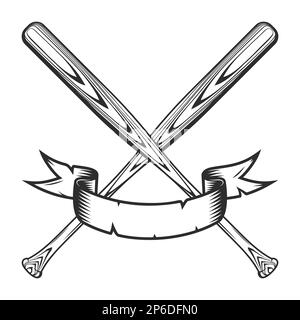 Baseball bat club emblem with ribbon design elements template in vintage monochrome style isolated vector illustration Stock Vector