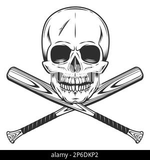 Skull with baseball bat club emblem design elements template in vintage monochrome style isolated vector illustration Stock Vector