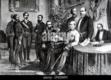 1871 , august ,  Bad Gastein , Germany : The  Kaiser Franz Josef ( 1830 - 1916 ) , Emperor of Austria , King of Hungary and Bohemia with the german Kaiser WILHELM I   HOHENZOLLERN for the signature of politic pact  - FRANCESCO GIUSEPPE - JOSEPH - ABSBURG - ASBURG - ASBURGO - NOBILITY - NOBILI - Nobiltà - REALI - HABSBURG - HASBURG - ROYALTY - divisa militare - military uniform - baffi - moustache  - GUGLIELMO I di Prussia e GERMANIA  ----  Archivio GBB Stock Photo