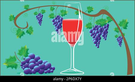 A branch of ripe, delicious grapes. A glass of fine wine, a glass of delicious grape juice. Stock Vector