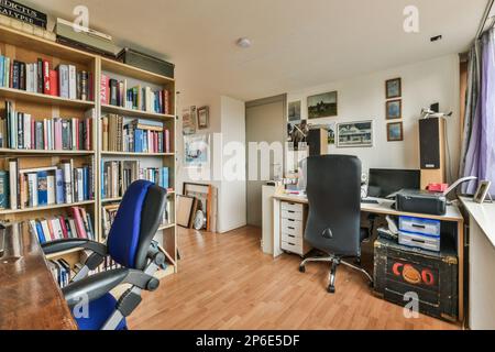 View of room, library, studio, shelves, timber and books Stock Photo ...