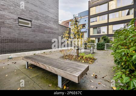 Amsterdam, Netherlands - 10 April, 2021: a bench in front of a building with leaves on the ground next to it and a tree that has fallen Stock Photo