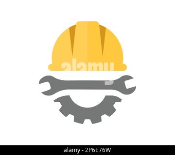 Helmet, wrench and gear logo design. Safety and protection, engineer. Workwear, helmet construction and cogwheel vector design and illustration. Stock Vector