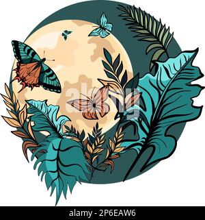Butterflies with tropical leaves against the backdrop of the moon vector illustration Stock Vector