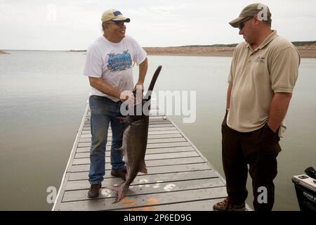 ADVANCE FOR SUNDAY MAY 13 - In this May 1, 2012 photo, South Dakota Game,  Fish and Parks fisheries biologist Jason Sorensen measures a paddlefish  caught by Jim Cadwell of Chamberlain at