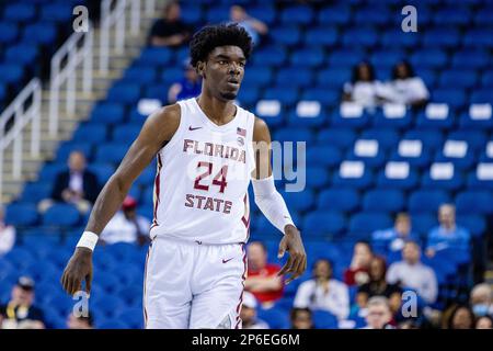 Greensboro, NC, USA. 7th Mar, 2023. Florida State Seminoles center Naheem McLeod (24) during the first round of the Men's ACC Tournament against the Georgia Tech Yellow Jackets at Greensboro Coliseum in Greensboro, NC. (Scott Kinser/Cal Sport Media). Credit: csm/Alamy Live News Stock Photo