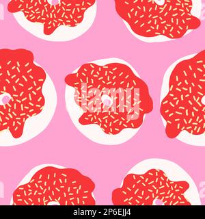 Seamless pattern of donut rings in cartoon flat style. With white sprinkles, red cream and white glazed base. Sweet bakery. Vector colorful illustrati Stock Vector