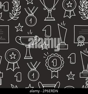Award doodle hand drawn seamless pattern. Winner trophy cup, champion medal, win certificate background. Hand drawn doodle sketch style champion, victory, success elements. Vector illustration. Stock Vector