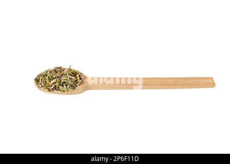 Catnip herb in latin - Nepeta cataria on wooden spoon isolated on white background. Medicinal herb. Stock Photo