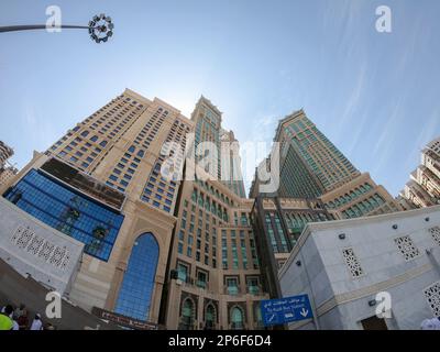 The Abraj Al Bait, also known as the Clock Towers, is a government-owned complex of seven skyscraper hotels in Mecca, Saudi Arabia. Stock Photo