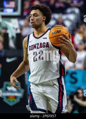 March 06 2023 Las Vegas, NV, U.S.A. Gonzaga forward Anton Watson (22)looks to pass the ball during the NCAA West Coast Conference Men's Basketball Tournament Semifinals game between San Francisco Dons and the Gonzaga Bulldogs. at Orleans Arena Las Vegas, NV. Thurman James/CSM Stock Photo