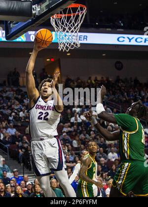 March 06 2023 Las Vegas, NV, U.S.A. Gonzaga forward Anton Watson (22)drives to the hoop during the NCAA West Coast Conference Men's Basketball Tournament Semifinals game between San Francisco Dons and the Gonzaga Bulldogs. at Orleans Arena Las Vegas, NV. Thurman James/CSM Stock Photo