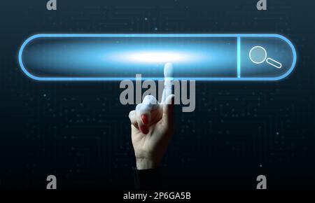 A female hand and a virtual loading bar icon for input and search of information Stock Photo