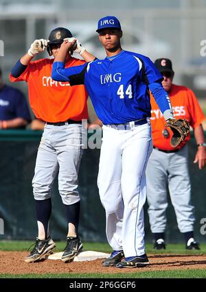 April 9, 2012 Placentia, CA.IMG Academy First baseman Manny Ramirez Jr. #44  during the National Classic Tournament Prep Baseball game between Cypress High  School and IMG Academy at El Dorado High School..Louis