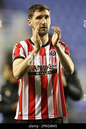 Reading, England, 7th March 2023.  Chris Basham of Sheffield Utd applauds the fans  during the Sky Bet Championship match at the Select Car Leasing Stadium, Reading. Picture credit should read: Paul Terry / Sportimage Stock Photo