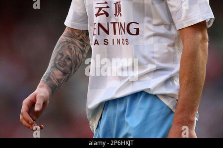 An Aston Villa tattoo can be seen on the leg of a fan during the Pre...  News Photo - Getty Images