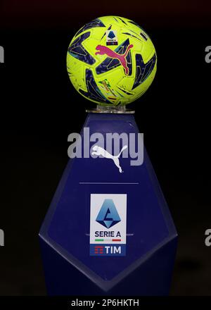 Turin, Italy, 6th March 2023. The hi-Vis version of the Official Puma Serie A Matchball sits on it's pedestal waiting to be collected by the Referee Antonio Rapuano prior to kick off in the Serie A match at Stadio Grande Torino, Turin. Picture credit should read: Jonathan Moscrop / Sportimage Stock Photo