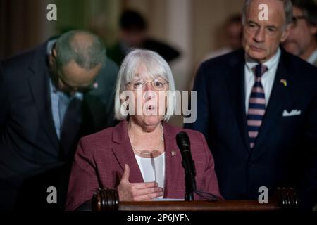 United States Senator Patty Murray (Democrat of Washington) offers remarks during the Senate Democratâs policy luncheon press conference at the US Capitol in Washington, DC, Tuesday, March 7, 2023. Credit: Rod Lamkey/CNP Stock Photo