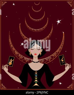 A beautiful elegant lady future teller in luxurious velvet holds tarot cards. Tarot divination. Stock Vector