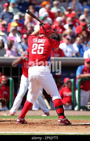 Philadelphia Phillies designated hitter Jim Thome #25 at bat during a  spring training game against the Houston Astros at Bright House Field on  March 7, 2012 in Clearwater, Florida. (Mike Janes/Four Seam