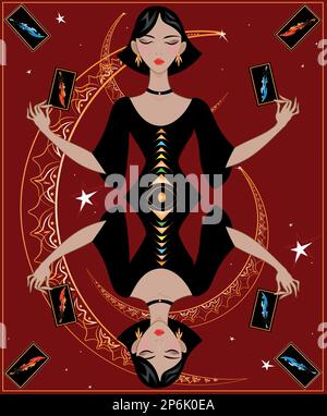 A playing card of a future teller lady holding tarot cards depicting swords against a background of golden crescents. Stock Vector