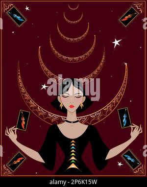 A beautiful elegant lady future teller in luxurious velvet holds tarot cards. Tarot divination. Stock Vector