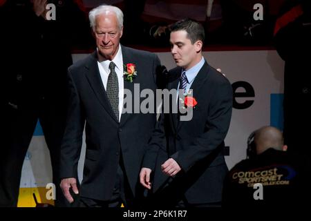 March 6, 2012: Gordie Howe comes out to celebrate his son, Mark Howe(not  pictured), number being retired by the Philadelphia Flyers prior to the NHL  game between the Detroit Red Wings and