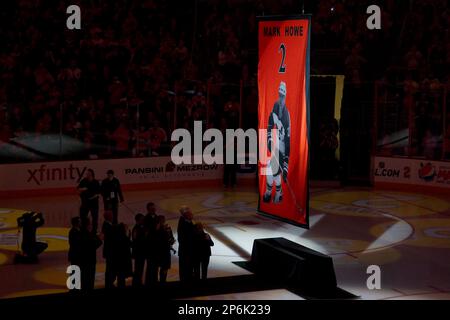March 6, 2012: Gordie Howe comes out to celebrate his son, Mark Howe(not  pictured), number being retired by the Philadelphia Flyers prior to the NHL  game between the Detroit Red Wings and