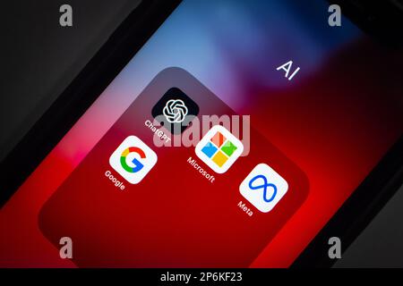 ChatGPT, Microsoft, Meta Platforms and Google icons seen in an iPhone screen. Artificial intelligence chatbot technology and Big Tech conceptual image Stock Photo