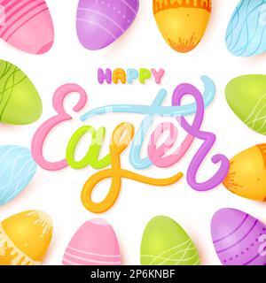 Happy Easter lettering card frame egg colorful. Rainbow lettering classic traditional spring background candy colored font painted eggs geometric pattern set kid handwritten cute religious holiday Stock Vector