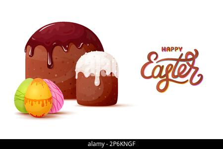 Happy Easter card holiday cake egg letter flat set. Greeting card lettering traditional slavic baked goods glazed chocolate sugar decorating religious weekend christian decor april poster dessert Stock Vector