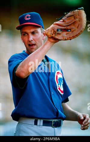 Arizona Diamondbacks announcer and former player Mark Grace shares a laugh  with Los Angeles Dodgers coach Jim Riggleman before the Dbacks and the  Dodgers game July 15, 2004 in Phoenix, AZ. Grace