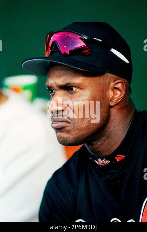 Eric Davis of the Baltimore Orioles during a game at Anaheim Stadium in  Anaheim, California during the 1997 season.(Larry Goren/Four Seam Images  via AP Images Stock Photo - Alamy