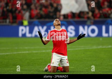Lisbon, Portugal. 7th Mar, 2023. JOAO MARIO of Benfica celebrates after scoring a goal during the UEFA Champions League round of 16, second leg, football match between SL Benfica and Club Brugge at the Luz stadium in Lisbon. (Credit Image: © Pedro Fiuza/ZUMA Press Wire) EDITORIAL USAGE ONLY! Not for Commercial USAGE! Stock Photo