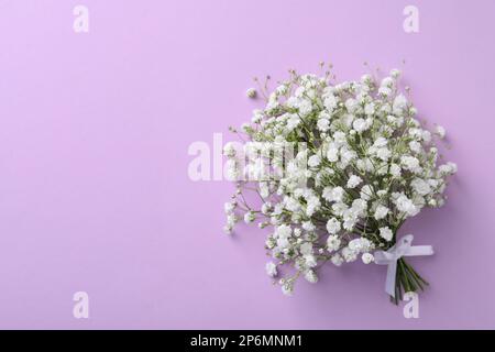 Beautiful gypsophila flowers tied with ribbon on violet background, top view. Space for text Stock Photo