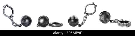 Set with metal balls and chains on white background Stock Photo - Alamy