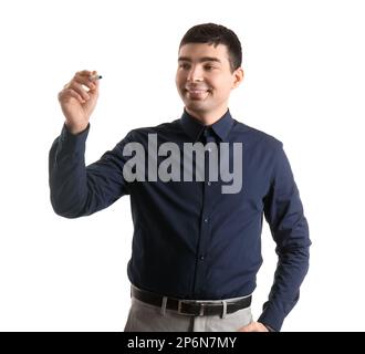 Business consultant with marker using virtual screen on white background Stock Photo