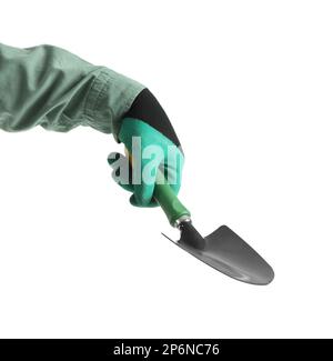 Gardener with shovel on white background Stock Photo