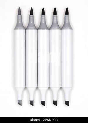 set of gray sketch pens or markers with open tips used by designers isolated in a white background Stock Photo