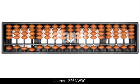a vintage abacus tool set with 17 rods of brown beads and in a black frame used for making mathematical calculations isolated in a white background Stock Photo